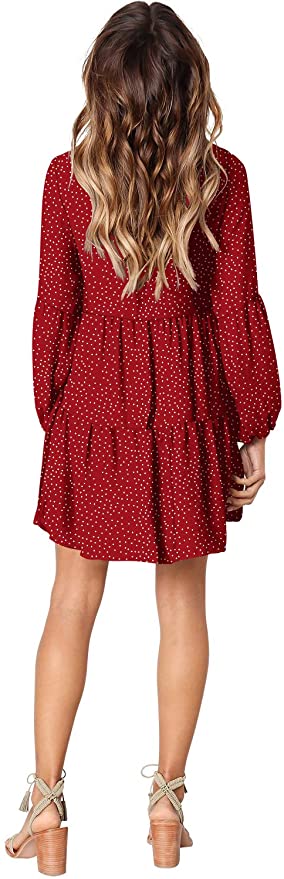 Polka Dot Red Long Sleeve Women Summer Tunic Dress V Neck Casual Loose Flowy Swing Shift Dresses - Amoretu | Women's Casual Dresses