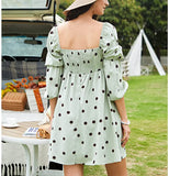 Polka Dot Light Green Womens Square Neck Dress Long Puff Sleeve A-Line Casual Short Mini Dress - Exlura | Women's Casual Dresses