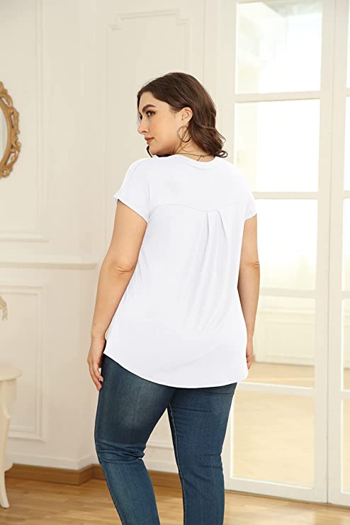 Navy Blue Short Sleeve Women's Plus Size Short Sleeve Shirt Button Down V Neck Tops Casual Blouses with Procket - TIANZHU | Women's Tops and Blouses