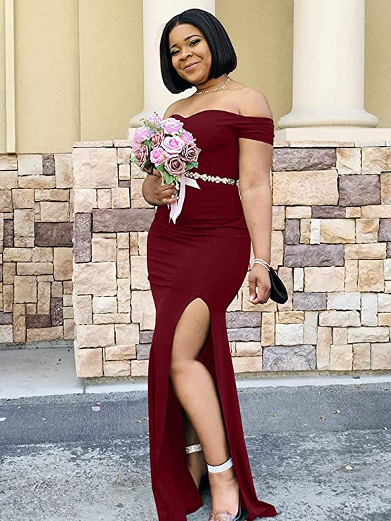 Red Women's Off Shoulder High Split Long Formal Party Dress Evening Gown - Ymduch | Women's Formal Dresses