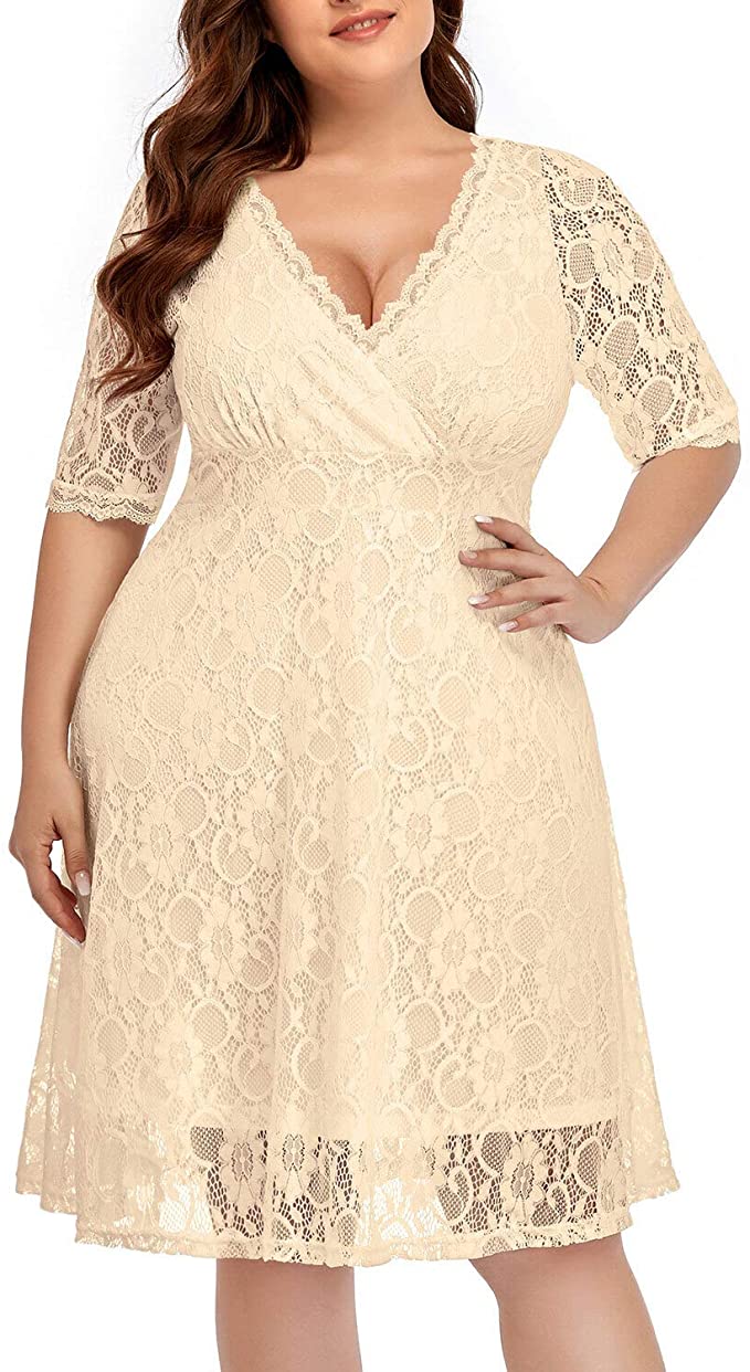 Champagne Women Lace V Neck Plus Size Half Sleeve Knee Length Cocktail Wedding Guest Swing Dress - Pinup | Women's Cocktail Dresses