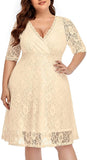Champagne Women Lace V Neck Plus Size Half Sleeve Knee Length Cocktail Wedding Guest Swing Dress - Pinup | Women's Cocktail Dresses