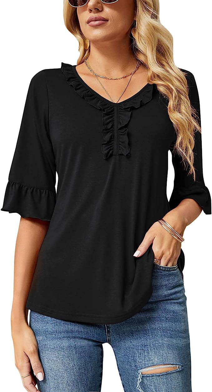 Black Short Sleeve Shirts Casual V Neck T Shirts Loose Summer Tops Ruffle - Ivicoer | Women's Tops and Blouses