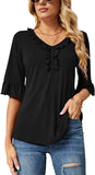 Black Short Sleeve Shirts Casual V Neck T Shirts Loose Summer Tops Ruffle - Ivicoer | Women's Tops and Blouses