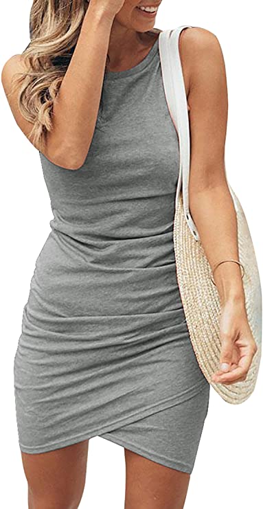 Grey Women Casual Dress Crew Neck Ruched Summer Sleeveless Tank Bodycon Shirt Short Mini Dresses - BTFBM | Women's Club Dresses