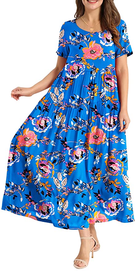 Navy Blue Flower Women Casual Loose Bohemian Floral Dress with Pockets Short Sleeve Long Maxi Summer Beach Swing Dress - Yesno | Women's Casual Dresses