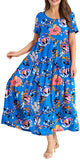 Navy Blue Flower Women Casual Loose Bohemian Floral Dress with Pockets Short Sleeve Long Maxi Summer Beach Swing Dress - Yesno | Women's Casual Dresses