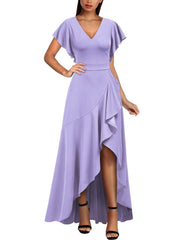 Light Purple Women's Formal V Neck Ruffle Split Evening Party Long Dress - Miusol