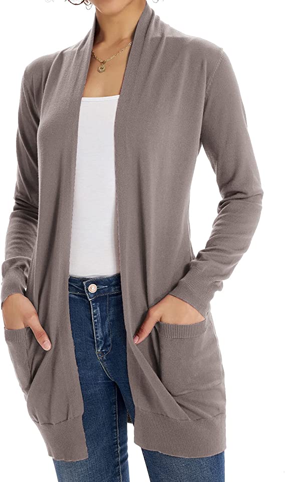 Light Purple Gray Women Open Front Cardigan Sweaters Pockets Long Slee Original Brand