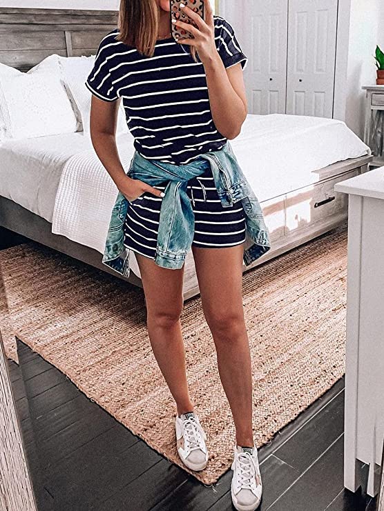 Black Summer Crewneck Casual Loose Short Sleeve Jumpsuit Rompers One Piece Pajamas Loungewear with Pockets - ANRABESS | Women's Romper & Jumper Suit