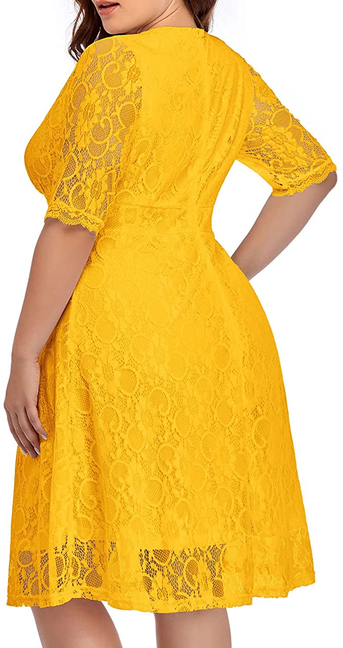 Mustard Yellow Women Lace V Neck Plus Size Half Sleeve Knee Length Cocktail Wedding Guest Swing Dress - Pinup | Women's Cocktail Dresses