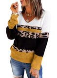 Yellow Lepard Womens Color Block Sweaters Long Sleeve Crewneck Pullover Knit Jumper Tops - Dokotoo | Women's Sweaters