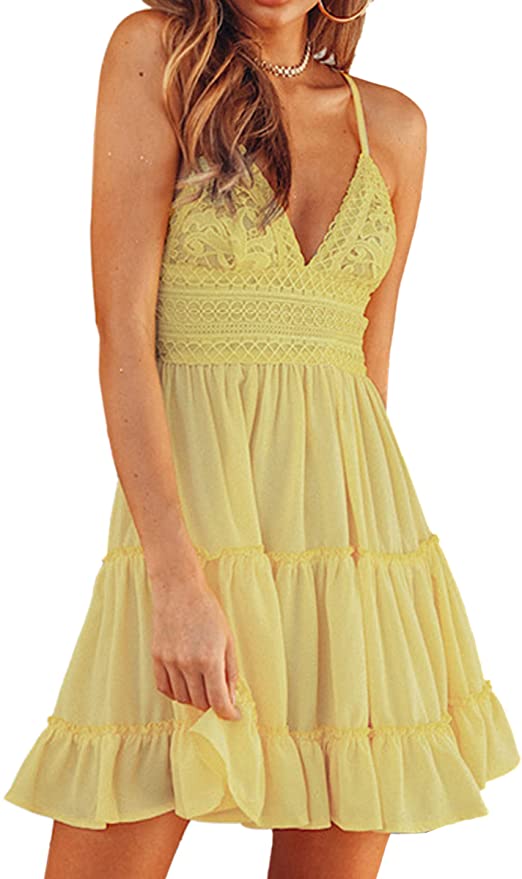 Yellow Womens V-Neck Spaghetti Strap Bowknot Backless Sleeveless Lace Mini Swing Skater Dress - Ecowish | Women's Casual Dresses