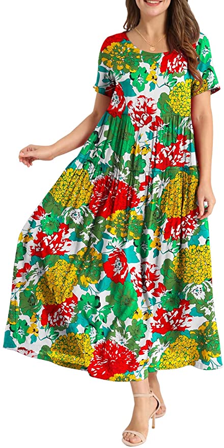 Multi Flower Women Casual Loose Bohemian Floral Dress with Pockets Short Sleeve Long Maxi Summer Beach Swing Dress - Yesno | Women's Casual Dresses
