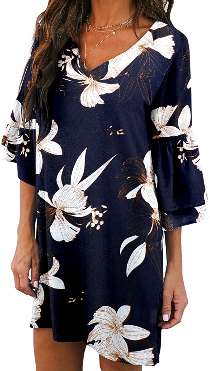 Blue Floral Women's Dress Sweet & Cute V-Neck Bell Sleeve Shift Dress Mini Dress - BELONGSCI | Women's Casual Dresses