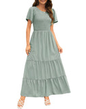 Sage Women's Round Neck Short Flutter Sleeve Smocked Ruffle Floral Maxi Dress - Kranda | Women's Formal Dresses