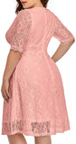 Pink Women Lace V Neck Plus Size Half Sleeve Knee Length Cocktail Wedding Guest Swing Dress - Pinup | Women's Cocktail Dresses