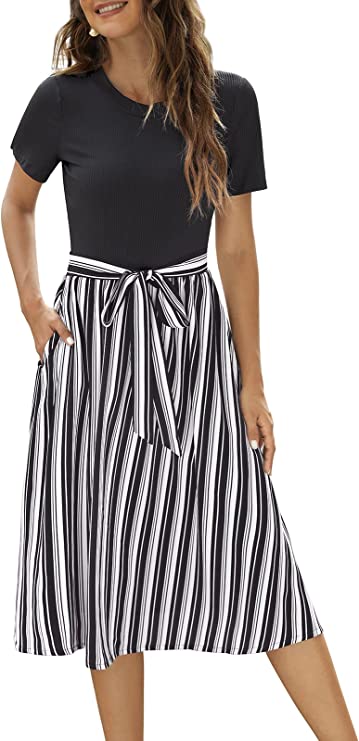 Black Stripe Women Short Sleeve Ribbed Midi Dress Modest Casual Work Dress with Pockets - Zattcas | Women's Casual Dresses