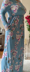 Floral Light Blue Casual Short/Long Sleeve Maxi Dress with Pockets - HAOMEILI