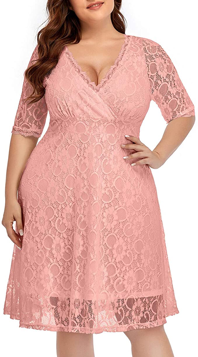 Pink Women Lace V Neck Plus Size Half Sleeve Knee Length Cocktail Wedding Guest Swing Dress - Pinup | Women's Cocktail Dresses