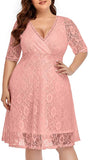 Pink Women Lace V Neck Plus Size Half Sleeve Knee Length Cocktail Wedding Guest Swing Dress - Pinup | Women's Cocktail Dresses