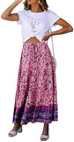 Floral Purple Women's Bohemian Floral Printed Elastic Waist A Line Maxi Skirt with Pockets - ZESICA | Women's Casual Dresses
