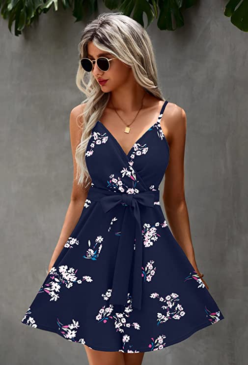 Navy Blue Women's Sexy V Neck Printed Spaghetti Strap Beach Romper Shorts Jumpsuit - Angashion | Women's Cocktail Dresses