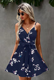 Navy Blue Women's Sexy V Neck Printed Spaghetti Strap Beach Romper Shorts Jumpsuit - Angashion | Women's Cocktail Dresses