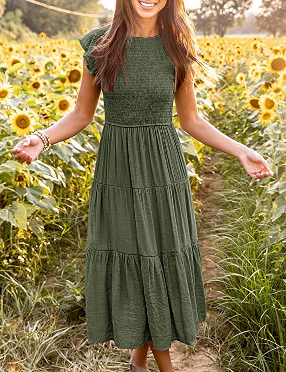 Green Summer Smocked Dress Flutter Short Sleeve Crewneck Elastic Waist Tiered Midi Dresses - WISFRUIT | Women's Casual Dresses