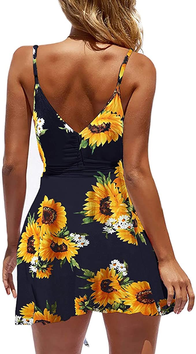 Navy Blue Sunflower Womens V-Neck Spaghetti Strap Bowknot Backless Sleeveless Lace Mini Swing Skater Dress - Ecowish | Women's Casual Dresses