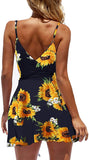 Navy Blue Sunflower Womens V-Neck Spaghetti Strap Bowknot Backless Sleeveless Lace Mini Swing Skater Dress - Ecowish | Women's Casual Dresses