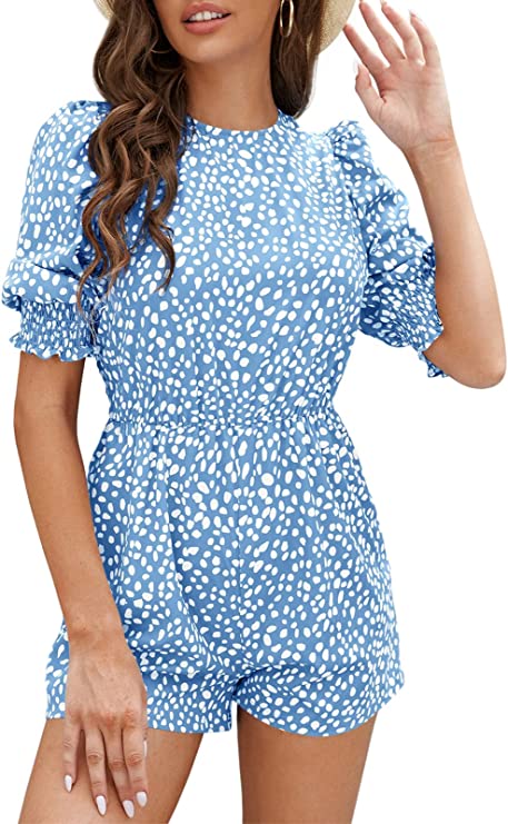 Sky Blue Women's Crew Neck Beach Rompers Half Sleeve Elastic Wasit Dots Keyhole Summer Jumpsuit - DOBULO | Women's Romper & Jumper Suit