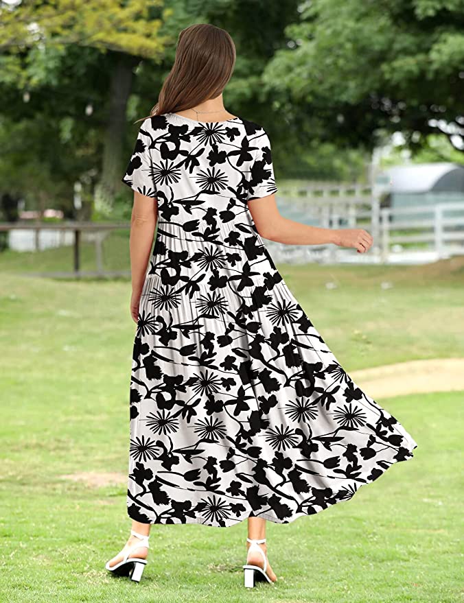 Black White Flower Women Casual Loose Bohemian Floral Dress with Pocke Original Brand