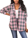 Lite Pink Womens Casual Plaid Shirts Color Block Long Sleeve Lapel Button Jacket Coats with Pockets - LOGENE | Women's Coat & Jacket