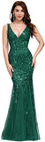 Dark-green Women's Double V-Neck Sleeveless Mermaid Dress Evening Maxi Dress - Ever-pretty 