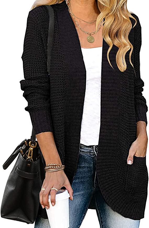 Black Women's Long Sleeve Open Front Casual Lightweight Soft Knit Cardigan Sweater Outerwear - ZESICA | Women's Cardigan