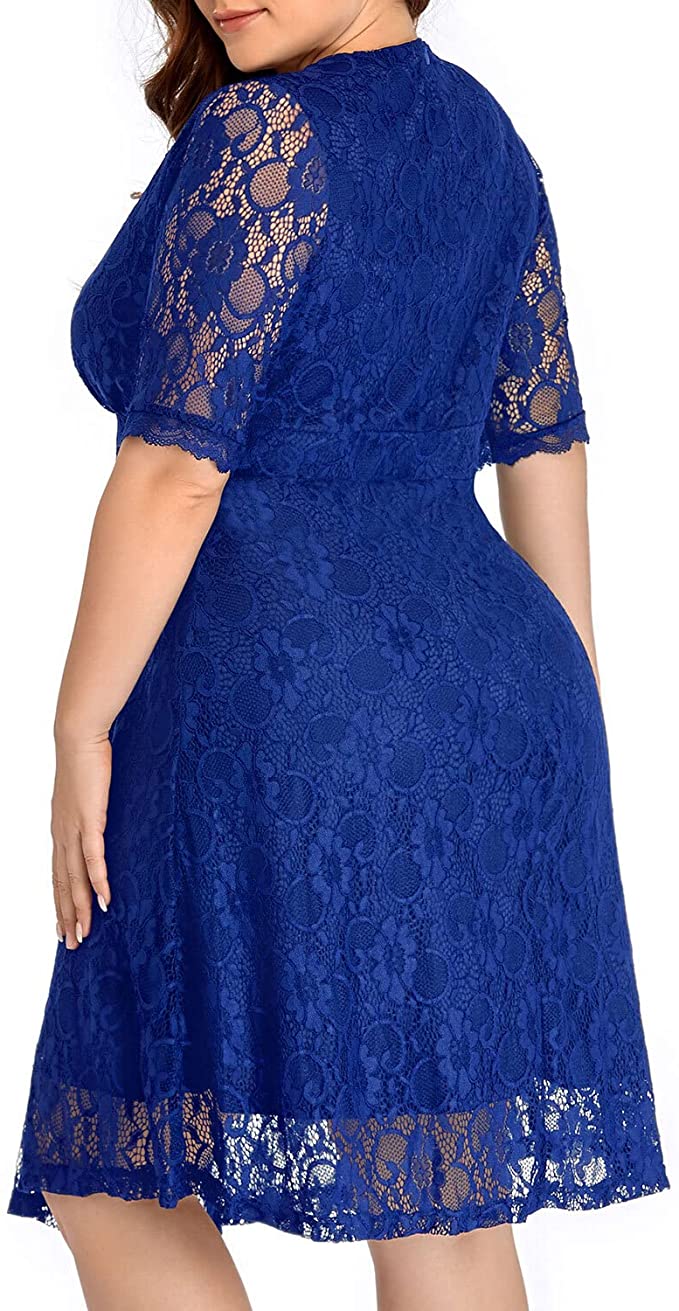 Royal Blue Women Lace V Neck Plus Size Half Sleeve Knee Length Cocktai Original Brand