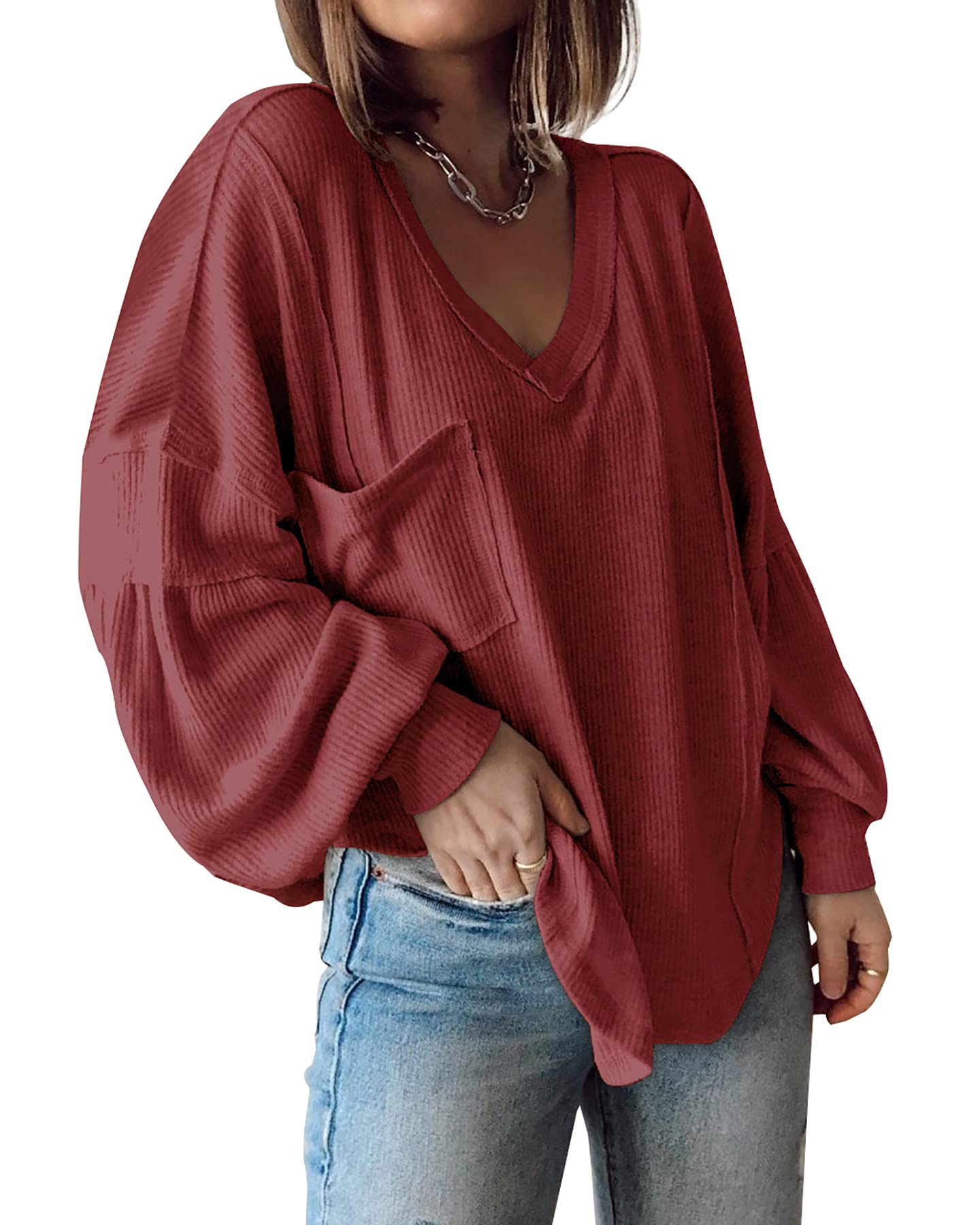 Solid Wine Red Women's Casual V Neck Ribbed Knitted Shirts Pullover Tunic Tops Loose Balloon Sleeve Solid Color Blouses Top - BTFBM | Women's Tops and Blouses