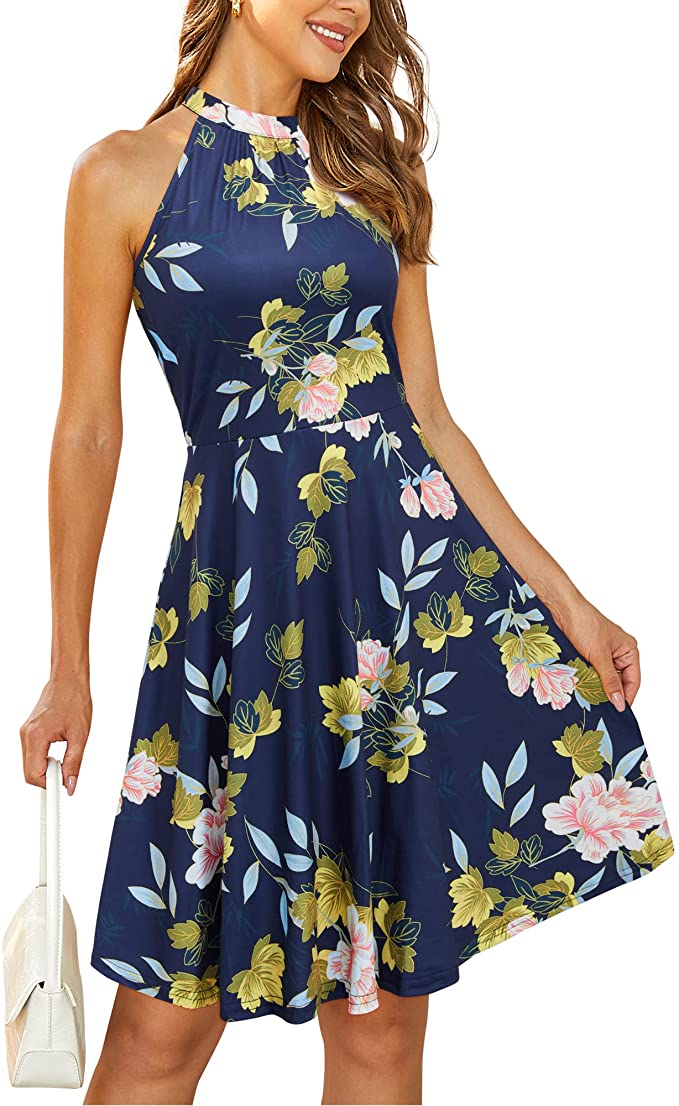 Navy Floral-17 Women's Halter Neck Floral Summer Casual Sundress - OUGES | Women's Casual Dresses