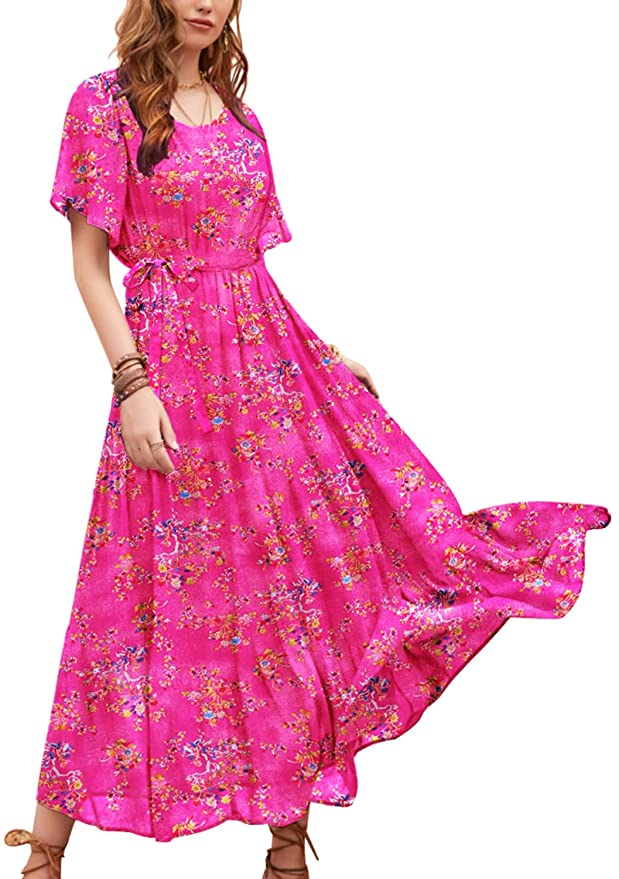 Pink Lace Knotted on the Left Women Casual Loose Bohemian Floral Dress with Pockets Short Sleeve Long Maxi Summer Beach Swing Dress - Yesno | Women's Casual Dresses