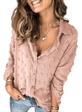 Khaki Long Sleeve Women Pompom Button Down Shirt Casual Blouse Top - Astylish | Women's Tops and Blouses