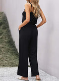 Black Sleeveless Women's Casual Sleeveless Front Button Loose Jumpsuits Stretchy Long Pants Romper with Pockets - Happy Sailed | Women's Romper & Jumper Suit