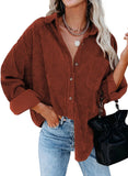 Rust Red Womens Corduroy Button Down Shirts Boyfriend Long Sleeve Oversized Blouses Tops - Dokotoo