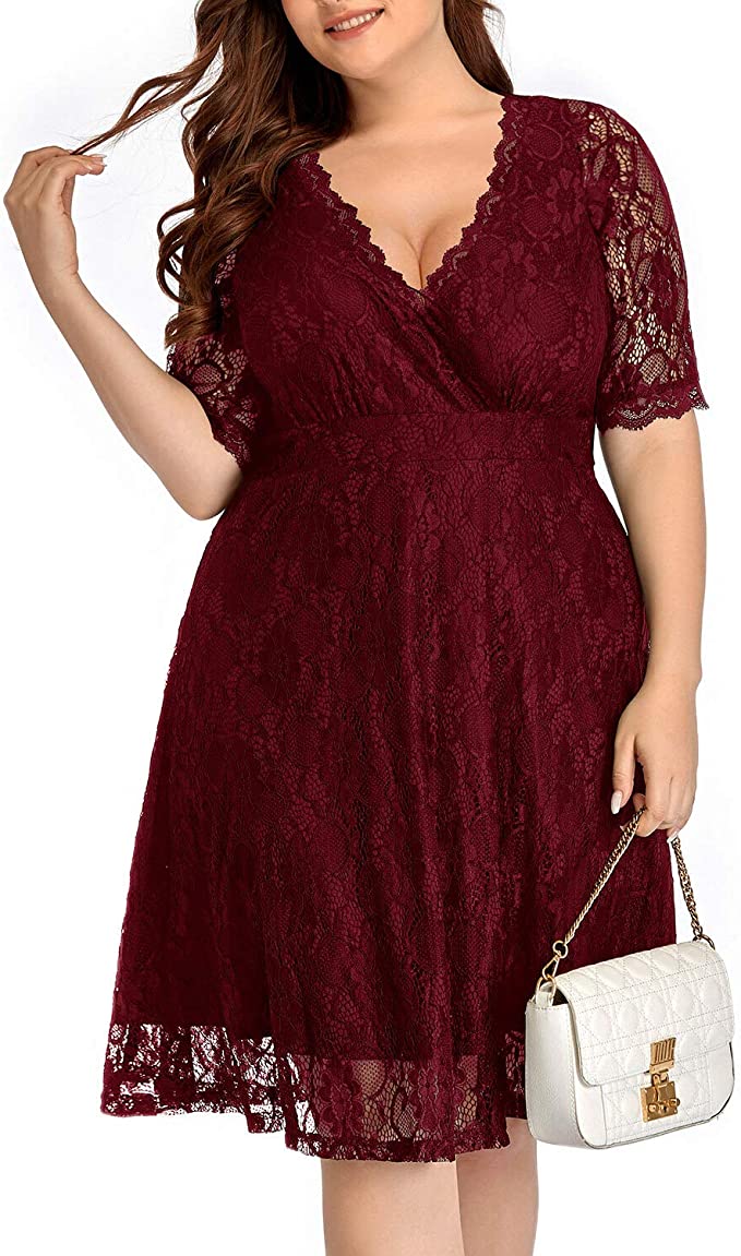 Burgundy Women Lace V Neck Plus Size Half Sleeve Knee Length Cocktail Wedding Guest Swing Dress - Pinup | Women's Cocktail Dresses