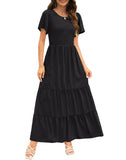 Black Women's Round Neck Short Flutter Sleeve Smocked Ruffle Floral Maxi Dress - Kranda | Women's Formal Dresses