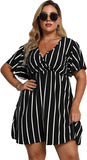 Black Women's Plus Size Striped Print Wrap V Neck Short Sleeve A Line Dress - Floerns | Women's Formal Dresses