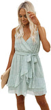 Light Green Womens V-Neck Spaghetti Strap Bowknot Backless Sleeveless Lace Mini Swing Skater Dress - Ecowish | Women's Casual Dresses