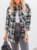 Dark Blue Womens Casual Plaid Shirts Color Block Long Sleeve Lapel Button Jacket Coats with Pockets - LOGENE | Women's Coat & Jacket