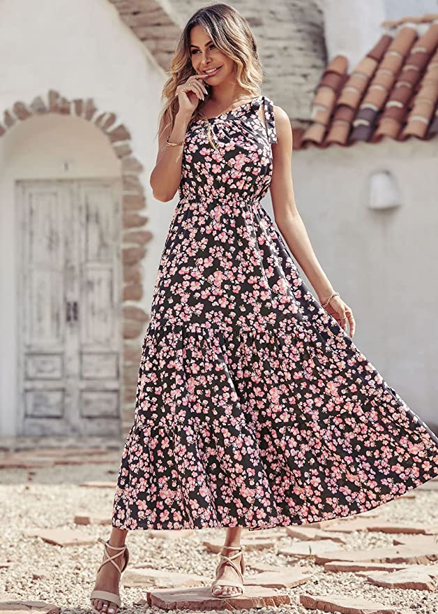 Black Pink Women's Summer Floral Maxi Dresses - Prettygarden | Women's Formal Dresses