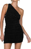 Black Women's Sexy One Shoulder Ruched Sleeveless Bodycon Mini Short Dress - Lyaner | Women's Formal Dresses